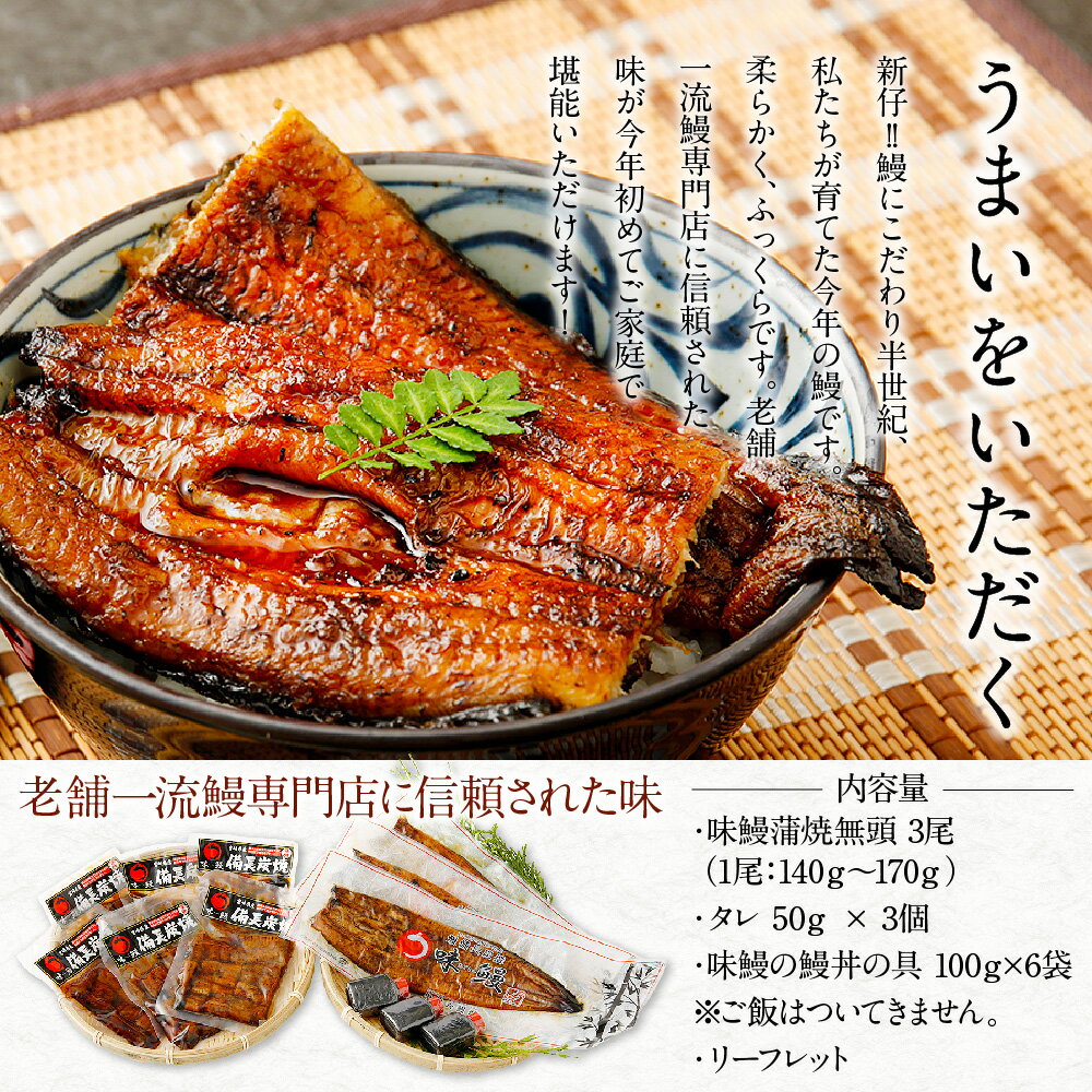 【ふるさと納税】新仔!!味鰻うなぎ蒲焼3尾（無頭）・鰻丼の素6袋セット＜贈答・熨斗対応＞宮崎県産うなぎ本格手焼備長炭蒲焼