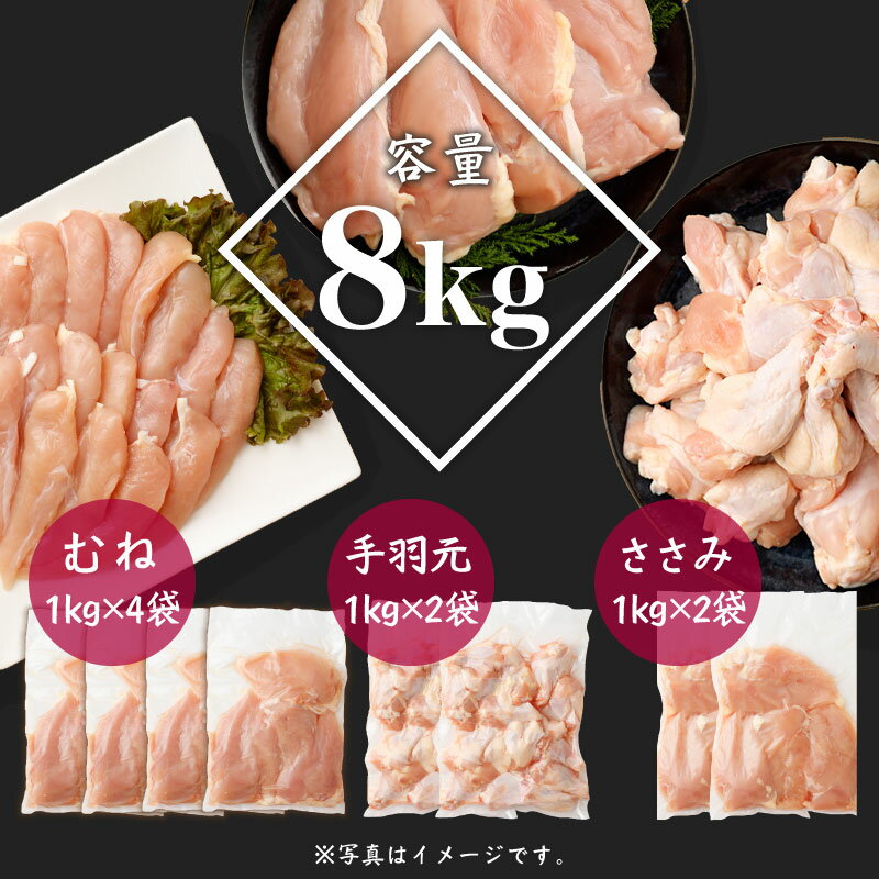 【ふるさと納税】宮崎県産 若鶏8kgセット 鳥肉 ムネ肉 4kg 手羽元 2kg ササミ 2kg 国産 送料無料 ※90日以内出荷