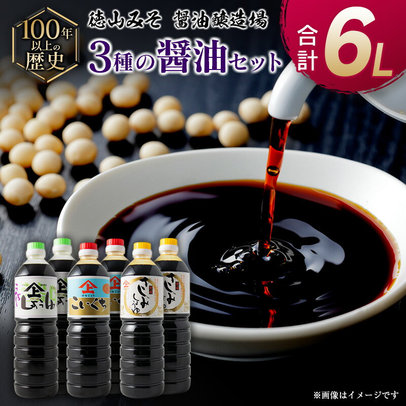【ふるさと納税】3種の醤油 6本セット 各1L 合計6L「100年以上の歴史」徳山みそ・しょうゆ醸造場 こいくち醤油 うすくち醤油 さしみ醤油 九州産 濃口 薄口 刺身 調味料 詰め合わせ 送料無料