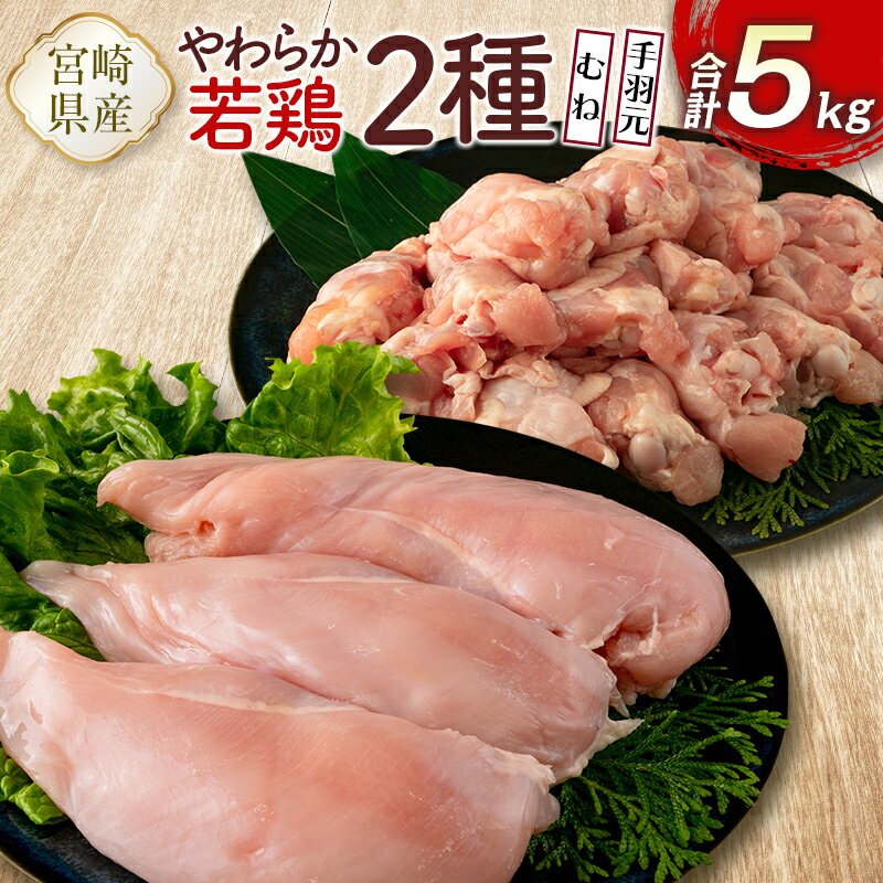 【ふるさと納税】宮崎県産鶏肉 やわらか若鶏2種 むね・手羽元 合計5kg