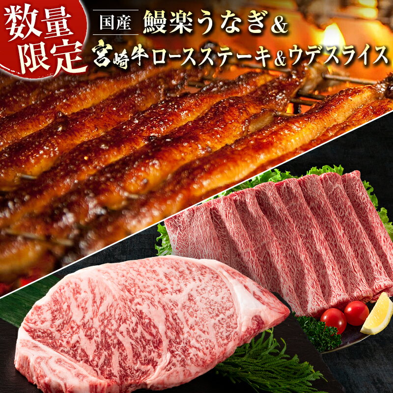 鰻楽 国産 うなぎ 1尾 & 宮崎牛 ロースステーキ 1枚 250g & 宮崎牛 ウデ スライス 500g 土用 丑の日 BBQ ごちそう 牛肉