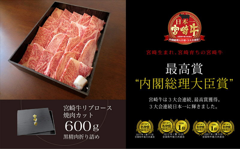 【ふるさと納税】宮崎牛 リブロース 焼肉 600g 約6〜7人前 霜降り bbq 和牛 牛肉 送料無料