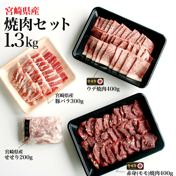 【ふるさと納税】宮崎県産焼肉セット 合計1.3kg 牛ウデ焼肉400g 牛モモ焼肉400g 豚バラ300g 鶏せせり200g 牛肉 豚肉 鶏肉 焼肉 冷凍 宮崎県産 九州産 送料無料