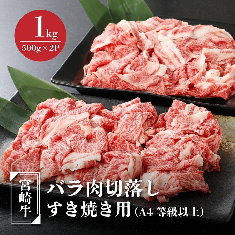 宮崎牛バラ肉切落しすき焼き用1kg(500g×2パック)A4等級以上 - ブランド牛 切り落とし ばら肉 国産牛肉 国産黒毛和牛 A4等級A5等級 綺麗なサシ とろけるような食感 和牛ブランド 牛丼/肉じゃが/すきやき 送料無料 [宮崎県木城町]