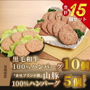 【ふるさと納税】宮崎県産黒毛和牛100％ハンバーグ10個 宮崎県産「自社ブランド豚」山豚100％ハンバーグ5個セット - 国産牛肉ハンバーグ 豚肉ハンバーグ 季じょん山豚 ブランドポーク 加工品 焼くだけ 冷凍ハンバーグ 送料無料 【宮崎県木城町】 2