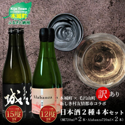 【訳あり】木城町・毛呂山町 新しき村友情都市コラボ日本酒2種4本セット（城2本・Alabanza2本） - 日本酒 飲み比べセット 純米吟醸 城 辛口 不落の城 発泡性日本酒 Alabanza 賛嘆 ほんのり甘口 スパークリング 常温 送料無料 K21_0017_1 【宮崎県木城町】