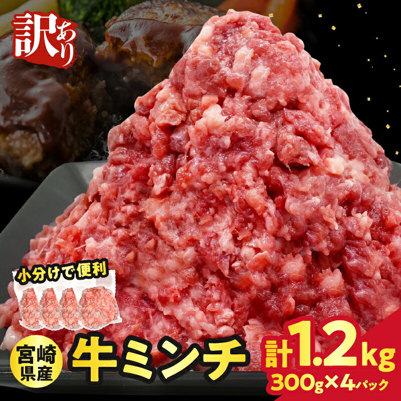 [2週間以内発送]訳あり 宮崎県産牛ミンチ肉 計1.2kg 300g×4パック 肉 牛 牛肉 粗挽き ミンチ ハンバーグ つくね ハンバーグ 餃子 麻婆豆腐 和風 洋風 ジューシー 旨味 おすすめ 国産 小分け 冷凍 時短料理 万能食材 詰め合わせ 宮崎県 都農町 送料無料