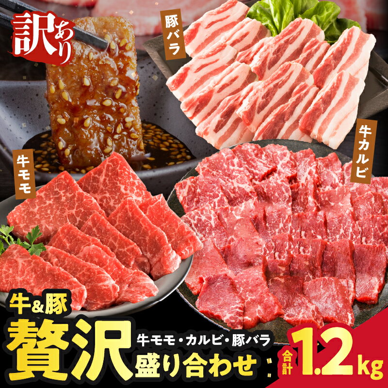[2週間以内発送]訳あり 牛&豚 贅沢盛り合わせ 牛モモ カルビ 豚バラ 合計1.2kg 肉 豚肉 牛肉 経産牛 赤身肉 ウデ おかず 国産 食品 お弁当 焼肉 すき焼き しゃぶしゃぶ 贅沢 濃厚 旨味 小分け 冷凍 万能食材 おすそ分け 宮崎県 都農町 送料無料