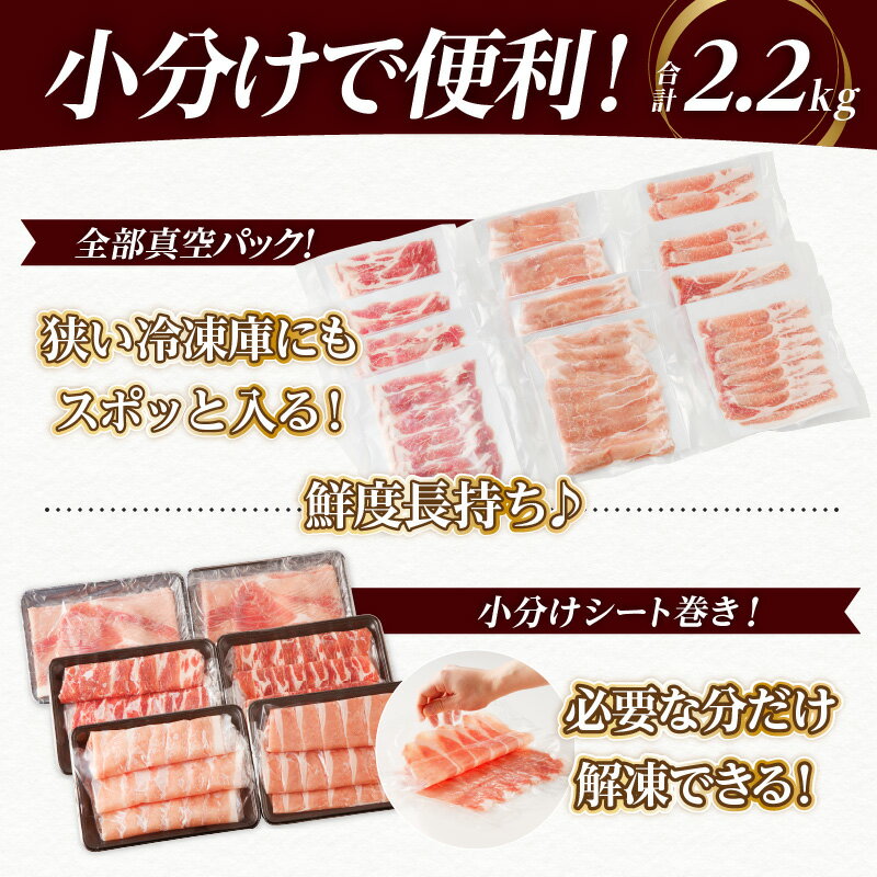 【ふるさと納税】《レビューキャンペーン》 【選べるパッケージ！！】 宮崎県産 豚肉 しゃぶしゃぶ 3種盛り セット 合計2.2kg ポーク 国産 小分け 便利 肩ロース モモ 食べ比べ 真空パック シート巻き おかず お弁当 おつまみ ご褒美 お取り寄せ グルメ 都農町 送料無料