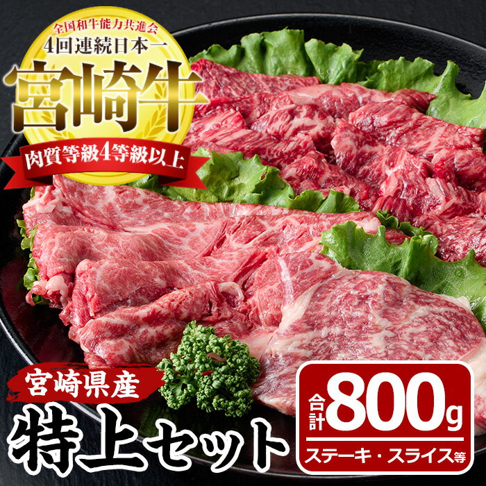 【ふるさと納税】宮崎牛特上セット(合計800g・ロースステーキ100g×2袋、霜降りスライス300g、バラ焼肉300g)国産 九州産 宮崎県産 牛肉 お肉 おにく しゃぶしゃぶ すき焼き 鍋 ブランド牛 冷凍【MF-20】【エムファーム】