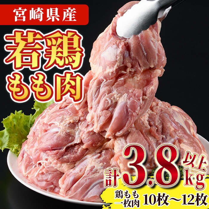 【ふるさと納税】宮崎県産若鶏もも肉(計3.8kg以上・鶏もも一枚肉250～350g×10～12枚) お肉 鳥肉 とり肉 鶏肉 若鶏 もも肉 国産 宮崎県産 唐揚げ から揚げ からあげ 冷凍 便利 【NK-03】【南九フーズ】