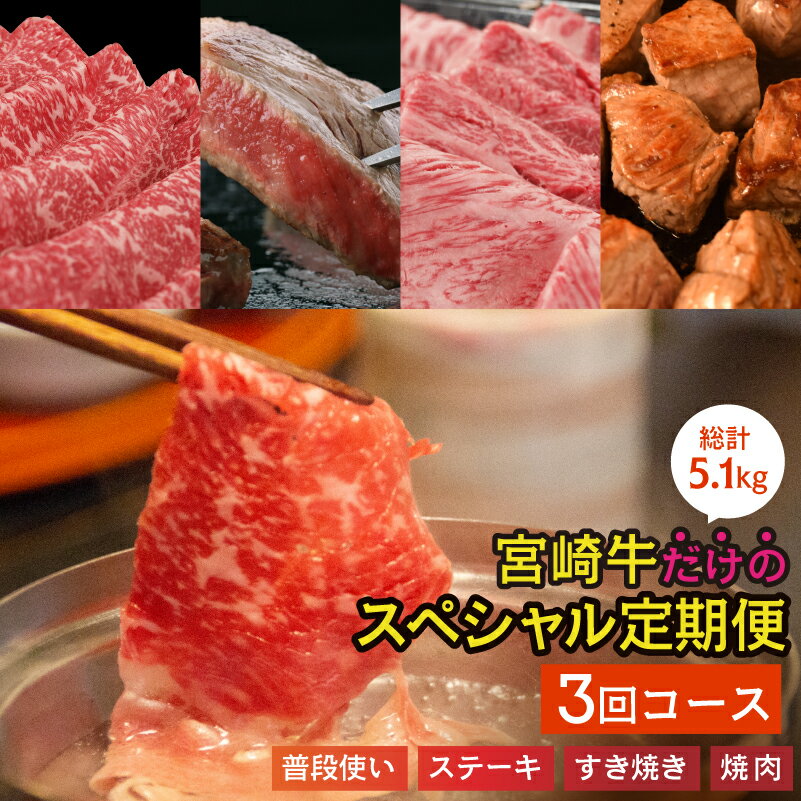 24位! 口コミ数「0件」評価「0」 宮崎牛 スペシャル 定期便 3ヶ月コース 合計5.1kg モモ 焼肉 ステーキ 赤身 サイコロ スライス クラシタ バラ ロース ウデ リ･･･ 