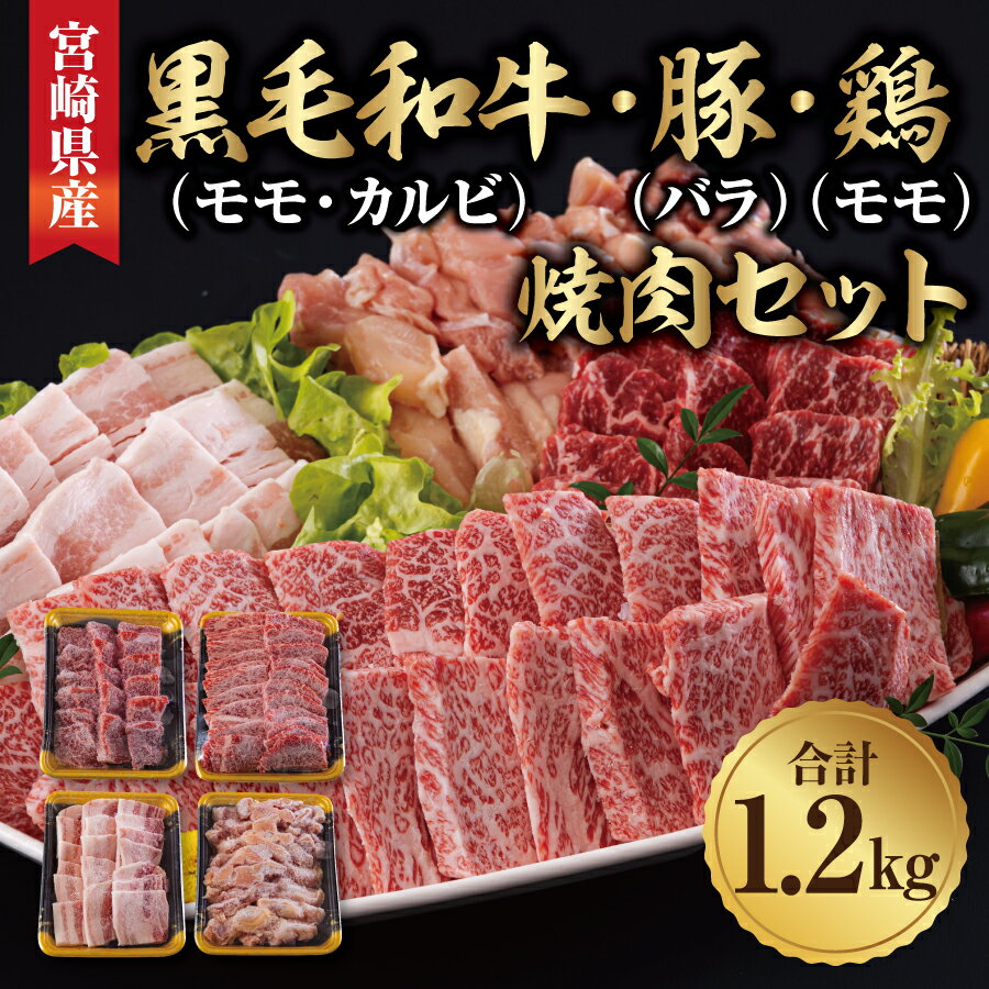 宮崎県産 焼肉 セット 黒毛和牛 モモ カルビ 豚バラ 若鶏 モモ 合計1.2kg 各300g 小分け 冷凍 送料無料 国産 BBQ バーベキュー キャンプ 普段使い 炒め物 丼 カット 詰め合わせ 経産牛