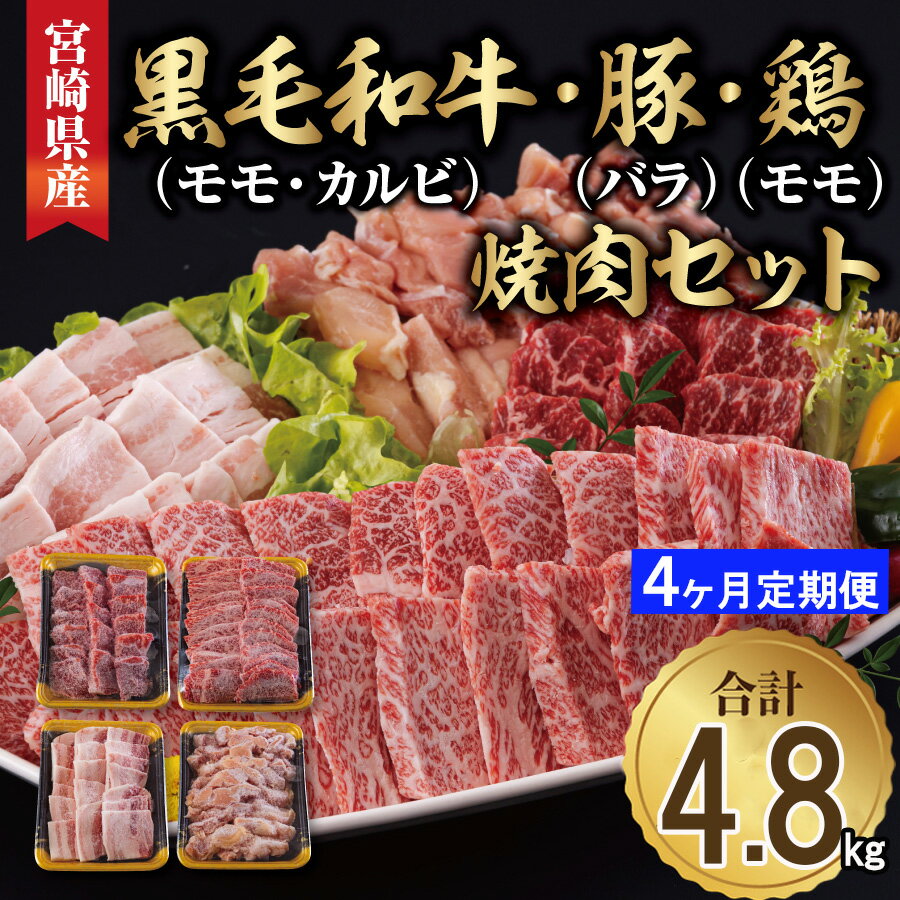 【4ヶ月定期便】 宮崎県産 焼肉 セット 黒毛和牛 モモ カルビ 豚バラ 若鶏 モモ 合計4.8kg 各300g 小分け 冷凍 送料無料 国産 BBQ バーベキュー キャンプ 普段使い 炒め物 丼 カット 詰め合わせ 経産牛