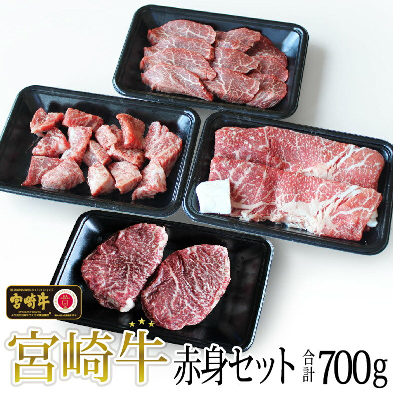 【ふるさと納税】宮崎牛赤身セット700g(ステーキ200g・焼肉150g・スライス200g・サイコロ150g) 牛肉 モモ もも すき焼き しゃぶしゃぶ BBQ 真空 冷凍 内閣総理大臣賞受賞 宮崎県産 送料無料