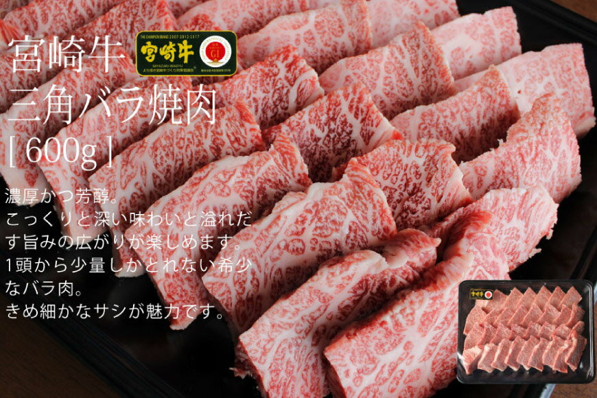 【ふるさと納税】【宮崎牛】 三角 バラ 焼肉 600g [マルミヤストア 宮崎県 美郷町 31ag0070] 肉 牛 牛肉 ばら カルビ 真空 冷凍