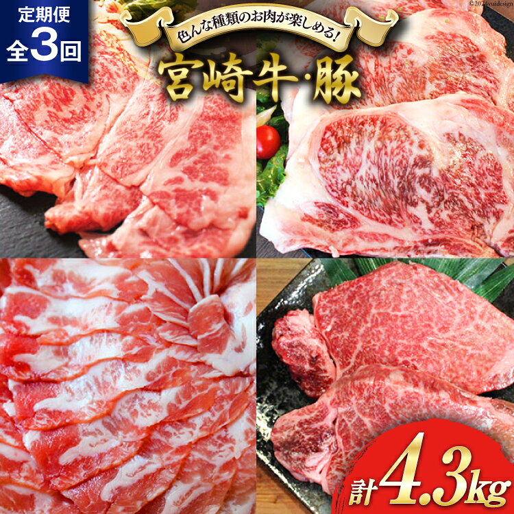 3回 定期便 宮崎牛 宮崎県産 豚 しゃぶしゃぶ すき焼き ステーキ 3ヶ月 コース 合計4.3kg [ローカルブランディング 宮崎県 美郷町 31bb0026] 冷凍 送料無料 国産 牛 肉 豚 もも ロース サーロイン モモ スライス ヒレ フィレ バラ BBQ バーベキュー