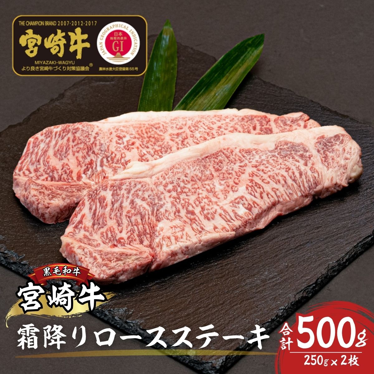 宮崎牛霜降り（ロース）ステーキ250g×2枚 計500g　A206