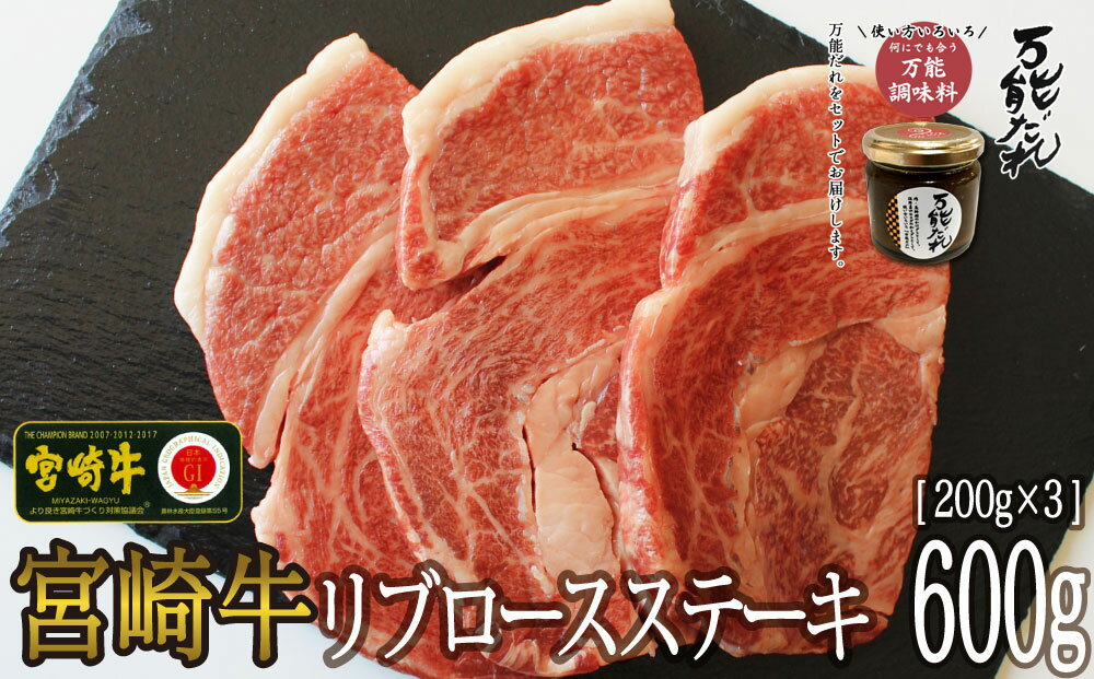 宮崎牛 リブロース ステーキ 600g & 万能だれ140g セット 国産牛 牛肉 お肉 200g × 3パック 焼肉 かけダレ 和えダレ 調味料冷凍 国産 宮崎県 九州 送料無料