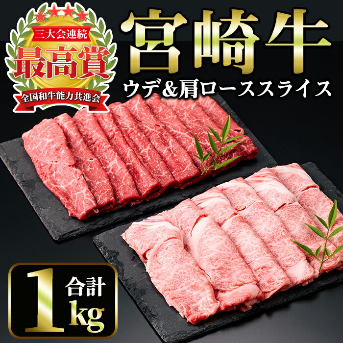 【ふるさと納税】宮崎牛スライス2種セット＜合計1kg！ウデスライス(600g)・肩ローススライス(400g)＞美味しい牛肉をご家庭で！【A-135】【ミヤチク】