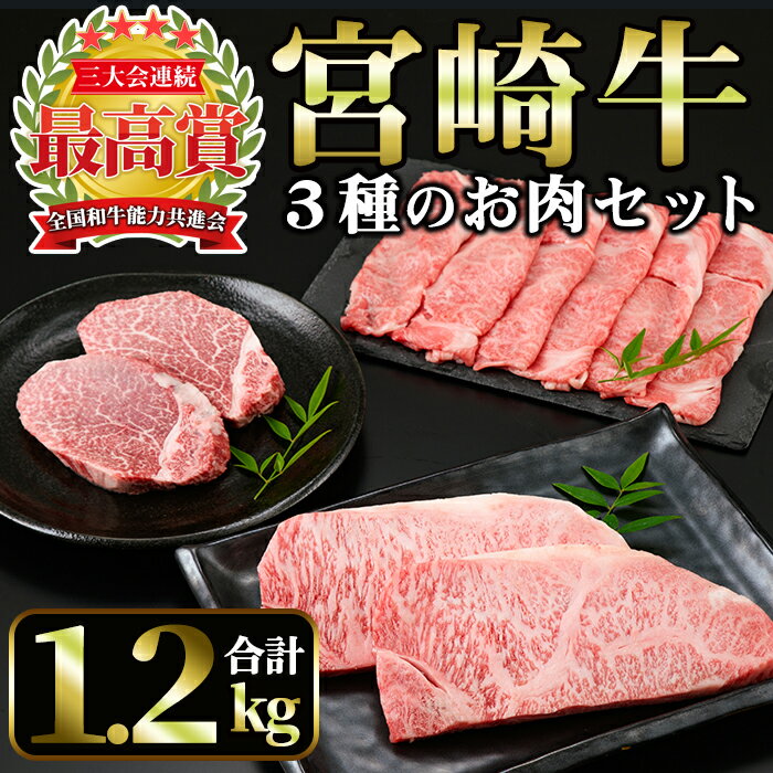 【ふるさと納税】宮崎牛3種セット＜合計1.2kg！ヒレステーキ(150g×2)・肩ローススライス(400g)・ロースステーキ(250g×2)＞美味しい牛肉をご家庭で！【A-140】【ミヤチク】