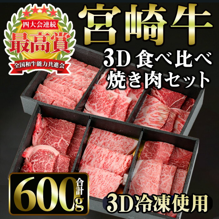 宮崎牛 3D冷凍 食べ比べ 焼肉(合計600g・各100g×6)国産 宮崎県産 宮崎牛 牛肉 焼肉A4 和牛