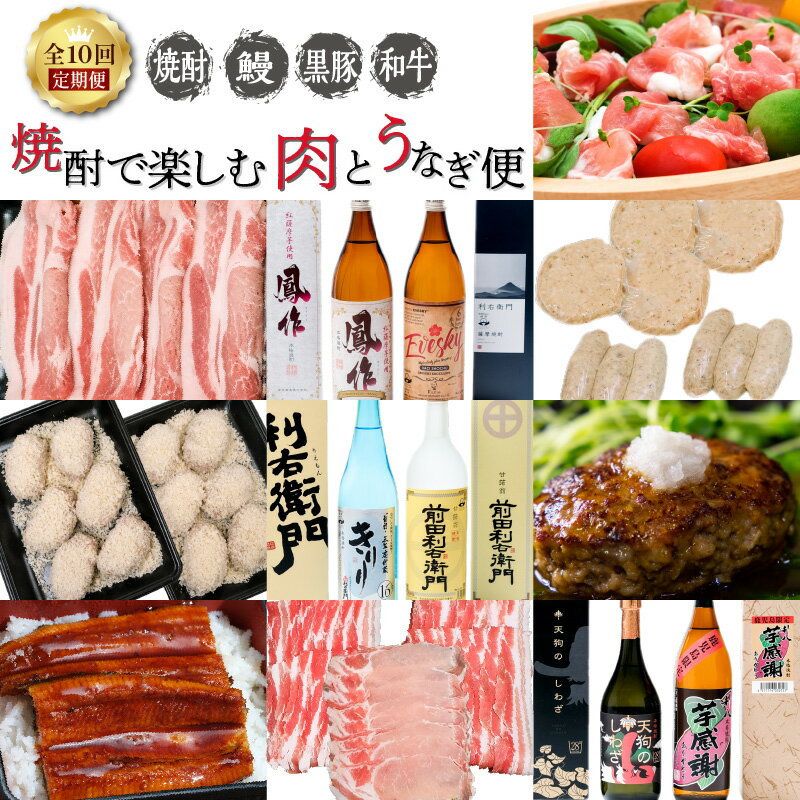【ふるさと納税】【数量限定】焼酎・うなぎ・米・肉「焼酎で楽しむ肉とうなぎ便」 定期便 10ヵ月 焼酎 地酒 鰻 米 肉 鹿児島県産 黒豚 県産豚 生ハム ソーセージ 黒毛和牛 生ハンバーグ メンチカツ ギフト 贈り物 贈りもの 鹿児島市 送料無料のサムネイル
