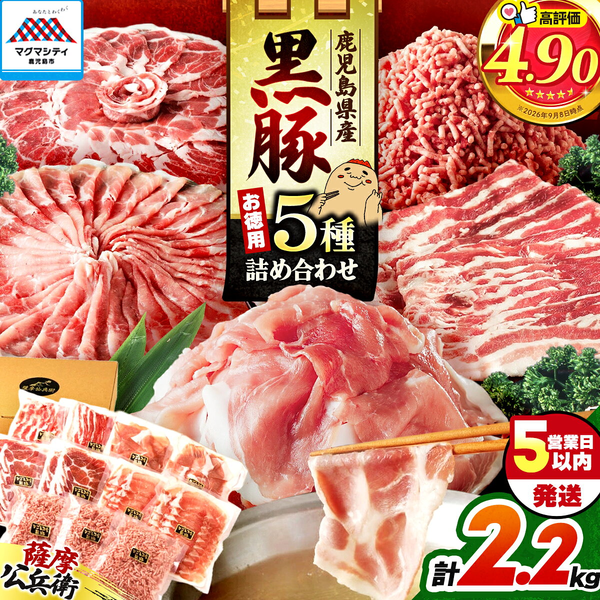 [5営業日以内に発送] 鹿児島県産 黒豚 お徳用 5種 詰合せ ( 2.2kg ) 鹿児島市 九州 お取り寄せ 特産品 お土産 贈り物 プレゼント ギフト 肉 豚 バラ 肩 もも肉 ロース 薄切り 切落し ミンチ 挽肉 真空パック 大容量 ボリューム