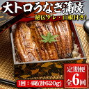 製品仕様 名称 【定期便(全6回)】大人気！鯉家の極上「大トロうなぎ蒲焼4尾」【国産・手焼き備長炭】 内容量 大トロうなぎ蒲焼：620g(155g×4尾) 秘伝タレ：180g(45g×4個) 山椒：1.2g(0.3g×4袋) ※上記を毎月1回、6ヶ月連続お届け。 　 賞味期限 冷凍3ヶ月 ※冷凍保存し、解凍後はできるだけ早めにお召し上がりください。 　 アレルギー 小麦・大豆 産地 鹿児島県・宮崎県 加工地(製造地) 鹿屋市 配送方法 冷凍 事業者名 鯉家 商品説明 鯉家の極上蒲焼「大トロうなぎ蒲焼(4尾)」を6カ月に渡ってお届けします。 【ハイブリッド製法「関西風備長炭地焼き×関東風蒸し」の極上蒲焼】 うなぎ生産量日本一の鹿児島県で、うなぎの加工を極めた熟練職人の技が光る絶品蒲焼。 素材から加工まで、随所にこだわりが散りばめられた他では味わえない上質なうなぎ蒲焼。備長炭ならではの香ばしさと“極蒸(ごくむし)”によるふっくらジューシーな旨味を存分にご堪能ください。 鯉家のうなぎは、完全備長炭手焼き！ガス焼き一切なし。 余分な脂を落とし、表面をパリッと香ばしく焼き上げる関西風備長炭地焼き製法に加え、「蒸し」の工程を加えることにより、関東で好まれるふっくらとした柔らかな食感に仕上げています。職人が一尾一尾 蒸し加減を見極める“極蒸(ごくむし)”によって、絶妙な食感を完成させています。 凝縮した旨味とトロけるような食感は、まさに蒲焼の中の“大トロ”。 美味しさの仕上げは、創業時から引き継いだ秘伝のタレ。 うなぎのエキスを含む唯一無二の黄金比率で、うなぎの味わいを最大限に引き出します。 〇鯉家こだわりの良質素材 （一段階選別）信頼できる生産者との調整で、その時期に脂のりの良いうなぎのみを仕入れます。 （二段階選別）10年以上うなぎの選別に携わっている選別職人が、色・柔らかさ・サイズ等を見て大トロうなぎに適したものを選び原料として仕入れます。 （三段階選別）本社で加工し、味・食感・風味等、その品質が認められたものだけが商品となります。 これが、“大トロ”の大トロたる所以。厳しい基準に合格した原料（うなぎ）で加工された製品のみが“大トロうなぎ”となるのです。 〇おさかなコーディネーターの ながさき一生 先生からも高い評価をいただきました！ 【ながさき一生 先生からのコメント】 うなぎの味がしっかりした中にも、しつこさや嫌な臭みはなく、かなりレベルの高い蒲焼きといえます。 「大トロ」とうたっていますが、脂の乗りは普通より多めという程度でしつこくありません。 また、ふっくらしている中にも、備長炭の香ばしさがあり、さすが完全な手焼きというだけあります。 関東風でありながら、関西や四国・九州といった西日本の方のお口にも合う万人ウケする鰻ですね。多くの方に食べていただきたいです。 発送時期について 入金確認後、翌月末までに初回発送。 2回目以降は、初回発送の翌月より毎月1回発送。 ご寄附の前にご確認ください 加工時には下処理をおこなっておりますが、すべての小骨を取り除くのは難しく、 肉厚で大きいうなぎの中には、小骨が残っている場合がございます。 小さなお子様やご年配の方がお召し上がりになる際には、十分ご注意ください。 ・ふるさと納税よくある質問はこちら ・寄附申込みのキャンセル、返礼品の変更・返品はできません。あらかじめご了承ください。「ふるさと納税」寄附金は、下記の事業を推進する財源として活用してまいります。 寄付を希望される皆さまの想いでお選びください。 (1) 地域の資源を生かした「地域経済活性化事業」 (2) 健康・福祉の充実による「すこやか・あんしん事業」 (3) 教育・文化・スポーツの振興による「人材育成事業」 (4) 豊かな自然を次代に引き継ぐ「環境保全事業」 (5) 都市圏等のふるさと出身者との連携を強化する「ふるさと会活力推進事業」 (6) その他市長が必要と認める事業 (7) 新型コロナウイルス感染症の影響を受けた市民及び事業者を支援する「がんばろう　かのや事業」 入金確認後、注文内容確認画面の【注文者情報】に記載の住所にお送りいたします。 発送の時期は、寄附確認後2〜3週間程度を目途に、お礼の特産品とは別にお送りいたします。