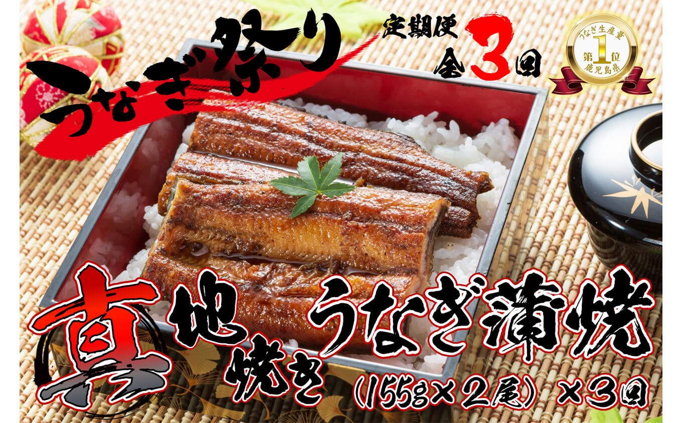 [国産] [定期便全3回・毎月1回お届け]鯉家の絶品蒲焼蒲焼「真地(マジ)焼きうなぎ蒲焼155g×2尾」、タレ・山椒付き)×3回!一貫した備長炭手焼きで関西地焼き風に! 定期便 お楽しみ[株式会社 鯉家]