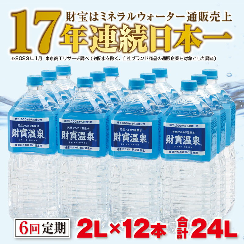 【ふるさと納税】【定期便全6回】天然 アルカリ 温泉水 「財寶温泉」 24L（2L×12本）合計144L 地下1000mの深層から湧き出る飲む天然アルカリ温泉水！ 国産 シリカ 水 ミネラルウォーター 定期 常温保存 常温 ペットボトル【財宝】