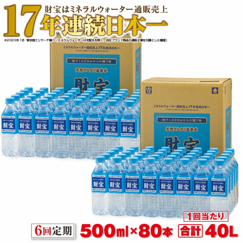 【ふるさと納税】【6回定期】天然 アルカリ 温泉水 財寶温泉 合計240L[500ml 80本 6回] 国産 シリカ 定期便 お楽しみ 水 ミネラルウォーター 常温保存【財宝】