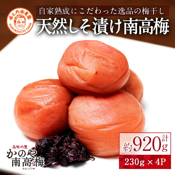 製品仕様 名称 天然しそ漬け南高梅 内容量 天然しそ漬け梅　920g［230g×4パック］ 　 賞味期限 180日 　 原産地 鹿児島県産 加工地（製造地） 鹿屋市 原材料 ・天然しそ漬け南高梅 南高梅（鹿児島県産）、塩梅エキス、紫蘇／唐辛子抽出物 配送方法 常温 事業者名 有限会社堀之内農園 商品説明 鹿児島県鹿屋市の豊穣な土地で育った南高梅をじっくり熟成。南国特有の温暖な気候を利用して、おいしい梅干しをつくりました。ふっくらとろけるような口当たりの南高梅を、塩分を抑え、まろやかに漬け込んだ田舎漬け。栽培から収穫、塩漬け、乾燥、熟成までの全ての工程を自社で愛情を込めて作っています。栽培時には除草剤を一切使わず、着色料も使用していない為、安心してお召し上がりいただけます。是非ご賞味ください。 ・ふるさと納税よくある質問はこちら ・寄附申込みのキャンセル、返礼品の変更・返品はできません。あらかじめご了承ください。「ふるさと納税」寄附金は、下記の事業を推進する財源として活用してまいります。 寄付を希望される皆さまの想いでお選びください。 (1) 地域の資源を生かした「地域経済活性化プロジェクト」 (2) 健康・福祉の充実による「すこやか・あんしんプロジェクト」 (3) 教育・文化・スポーツの振興「人材育成プロジェクト」 (4) 豊かな自然を次代に引き継ぐ「環境保全プロジェクト」 (5) 都市圏等のふるさと出身者との連携を強化する「ふるさと会活力推進事業」 (6) その他市長が必要と認める事業 入金確認後、注文内容確認画面の【注文者情報】に記載の住所にお送りいたします。 発送の時期は、寄附確認後2〜3週間程度を目途に、お礼の特産品とは別にお送りいたします。