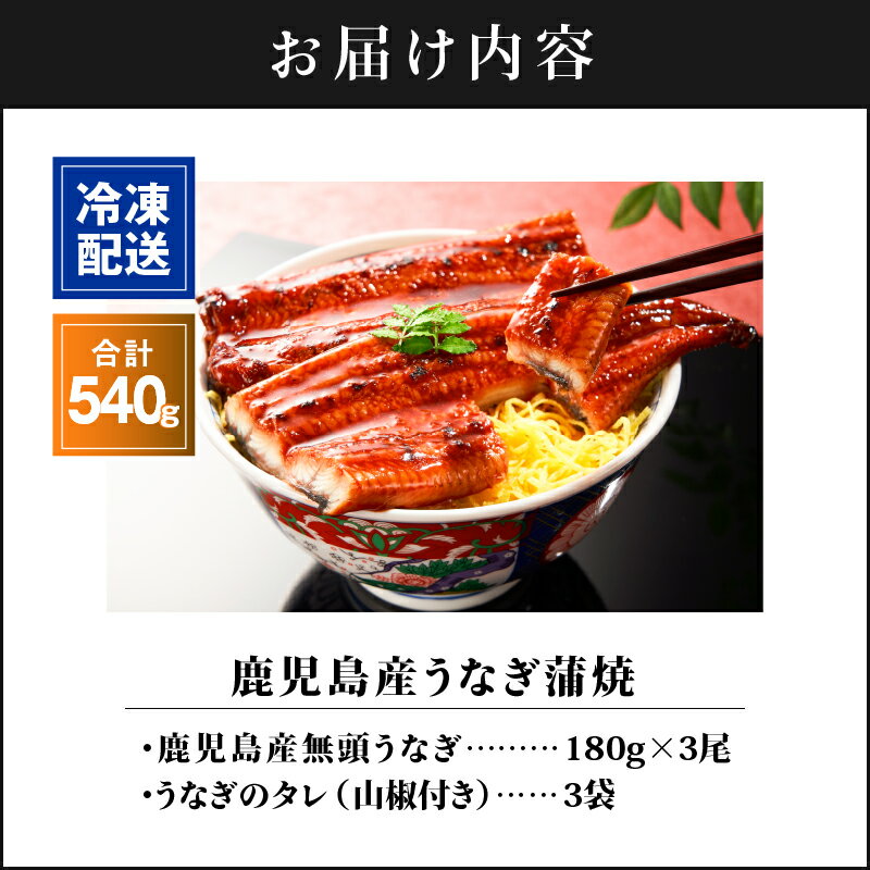 【ふるさと納税】【土用の丑の日特集】鹿児島産うなぎ180g×3尾 合計540g 国産ウナギ 冷凍 真空パック たれ付 山椒付き 鰻かば焼き うな重 ひつまぶし【財宝】