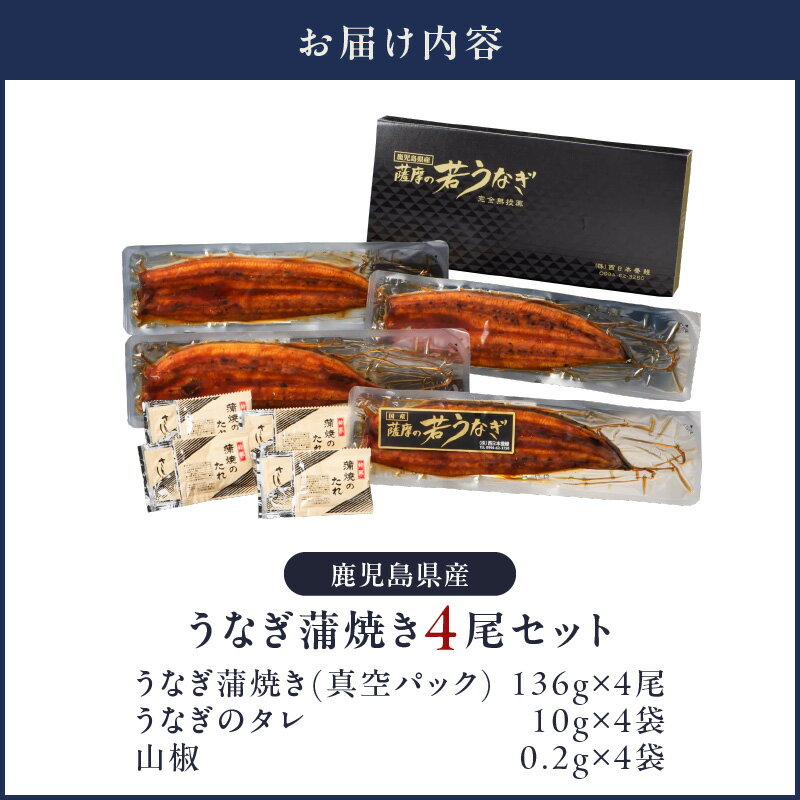 【ふるさと納税】【土用の丑の日特集】＜国産＞ 鹿児島県大隅産！うなぎの蒲焼き4尾(計544g・136g×4尾)うなぎのたれ・山椒付き！無投薬にこだわり！鰻丼やひつまぶしにも！真空パックでお届け！【西日本養鰻】
