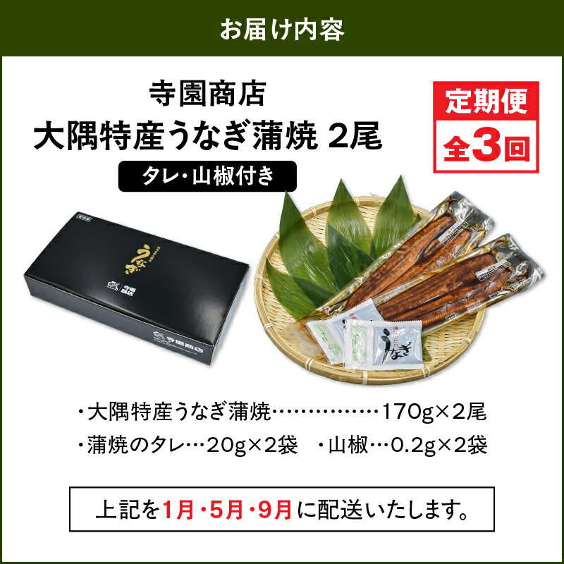 【ふるさと納税】【定期便3回】大隅特産うなぎ蒲焼2尾（340g）×3回 合計6尾 計1.02kg 【国産】たれ付 真空パック 湯煎 レンジ 簡単調理 国産 国産うなぎ 定期 うなぎ蒲焼 小分け 定期便 鹿児島県 鹿屋市【寺園商店】