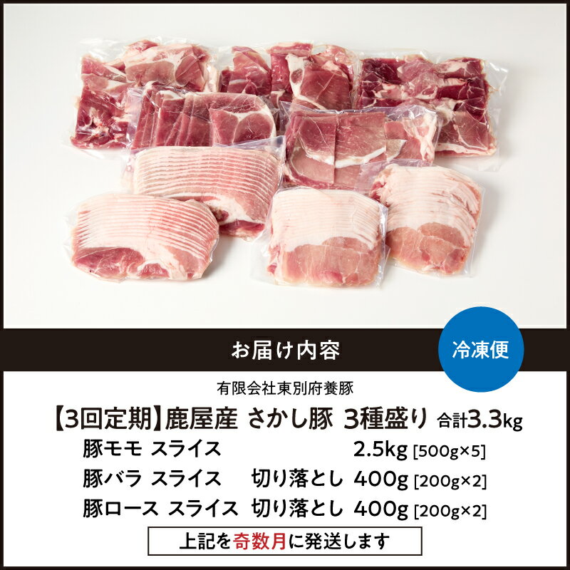 【ふるさと納税】【3回定期・奇数月に発送】 鹿屋産 さかし豚 3種盛り合計9.9kg（モモ2.5kg、バラ400g、ロース400g）×3回 スライス 切り落とし 真空パック・小分けで使いやすさ抜群な定期便です！国産 鹿児島産 小分け 個包装【有限会社東別府養豚】