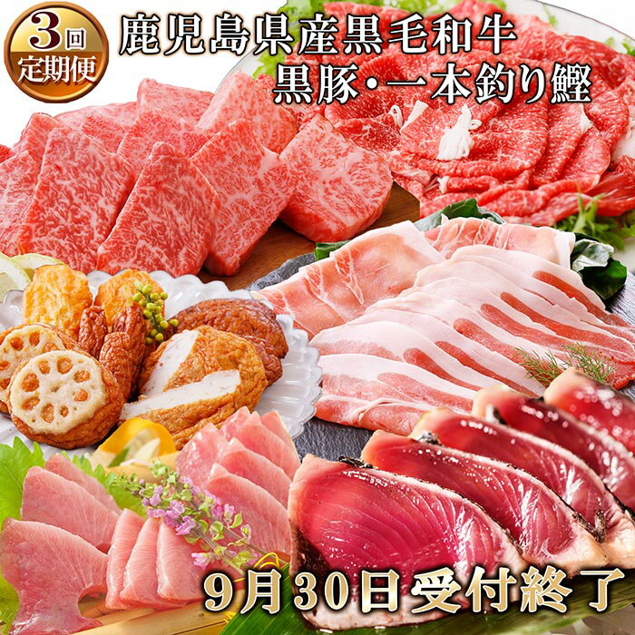 【ふるさと納税】DD-6001 【訳あり】定期便(3ケ月配送)鹿児島県産黒毛和牛・黒豚・一本釣りかつお　9月30日受付終了「賞味期限1ケ月前後のお肉有り」のサムネイル