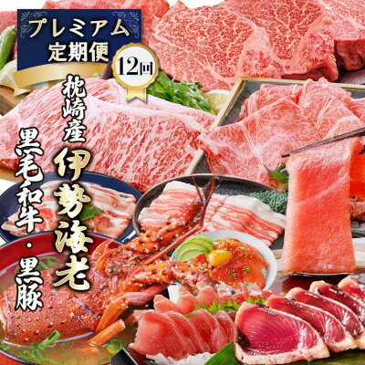 豪華定期便 12回配送 枕崎産伊勢海老 鹿児島県産黒毛和牛 黒豚 LL40-0001[配送不可地域:離島]