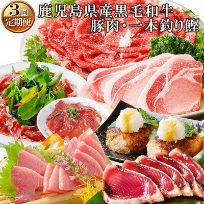 定期便 ( 3ケ月 配送 ) 鹿児島県産 黒毛和牛 ・ 豚肉 ・ 一本釣り かつお DD-0081 _ 肉 お肉 牛肉 切り落とし すきやき すき焼き 鰹 ハンバーグ 黒豚 ロース 生ハム 人気 送料無料 [配送不可地域:離島]