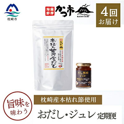 名称 【毎月定期便】おだし・ジュレ　EE-6011全4回 保存方法 常温 発送時期 【1回目】毎月末日までのお支払いで翌月中旬より順次発送【2回目以降】前回の1ヵ月後より順次発送 提供元 中原水産株式会社 配達外のエリア なし お礼品の特徴 毎月発送の定期便です。 本枯れ黄金だしは、枕崎産の「本枯れ節」を使用、国産の「焼あご」・「煮干」・「あじ」・「昆布」を絶妙にブレンドした化学調味料不使用の優れもの。だし黒酢ジュレは、鹿児島が誇る特産品「黒酢」に、枕崎産の本枯れ節を使用した「かつおだし」を加え、手軽に活用できるジュレタイプに仕上げた商品。この製品を使って、あなたも我が家の一流シェフ!! 【1～4回目】 内容量 ・本枯れ黄金だし(30パック入) [1袋] ・だし黒酢ジュレ [1個] サービス提供地:すべて鹿児島県枕崎市 賞味期限:すべて製造日より1年 ■原材料:お礼品に記載 ※アレルギー物質などの表示につきましては、お礼品に記載しています。 ■定期便に関するご注意 ※寄付申し込み後に発送時期の変更はできません。 ※寄付先自治体や提供事業者の事情や天候、交通事情その他の事情等により、お礼品の調達および発送に支障が生じた場合には、お届けが遅れることがあります。あらかじめご了承ください。 ※提供元の都合により、年末年始等の長期休業期間を避けて配送することがあります。 ※発送される曜日は、回ごとに変わる場合があります。 ・ふるさと納税よくある質問はこちら ・寄附申込みのキャンセル、返礼品の変更・返品はできません。あらかじめご了承ください。