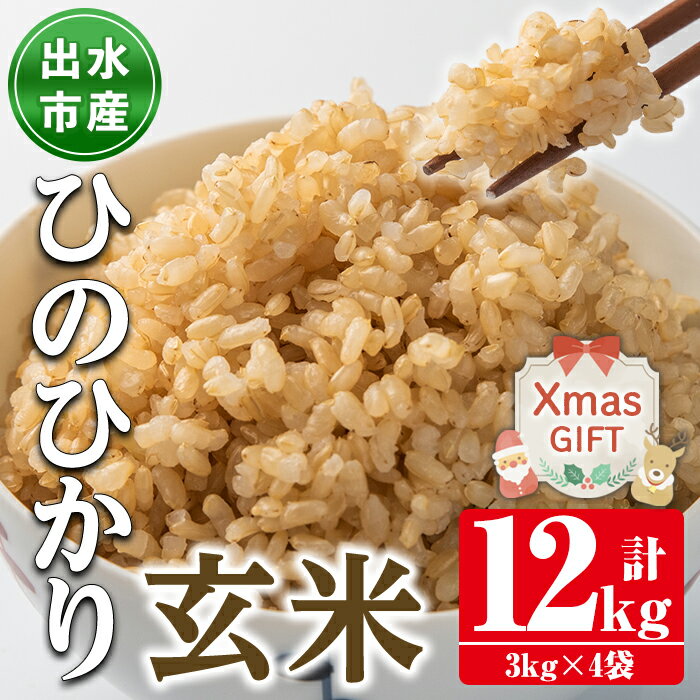 [クリスマスギフト]鹿児島県出水市産ひのひかり玄米(3kg×4袋・計12kg) 米 玄米 お米 12kg 国産 ひのひかり おにぎり ごはん 自家脱穀 お米マイスター 厳選 ギフト プレゼント 贈答 クリスマス [田上商店]