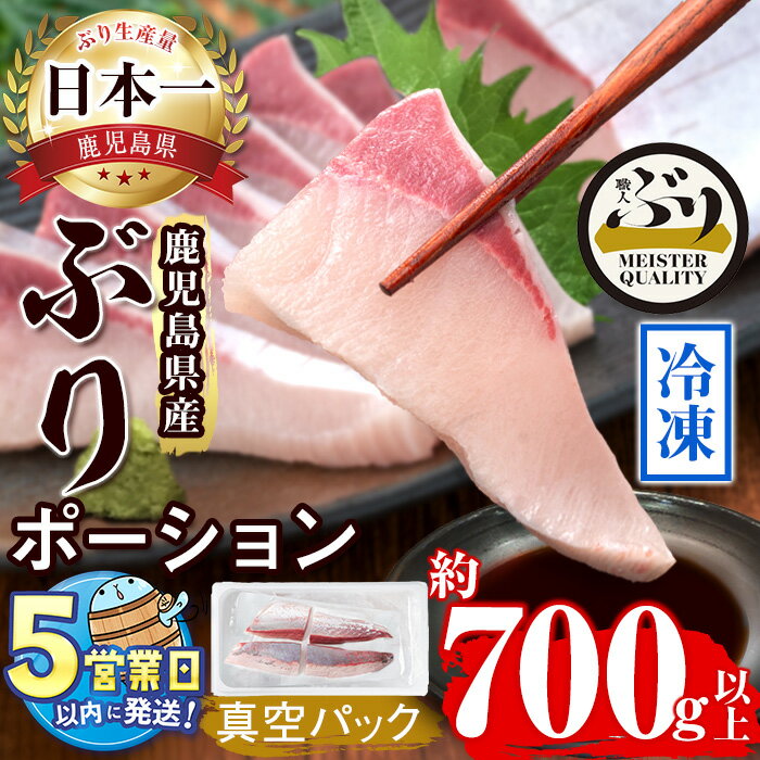 [すぐ届く!]鹿児島産冷凍ぶり刺身用 皮無ポーション(計700g以上・背側、腹側計4P)ぶり ブリ 鰤 魚 海鮮 魚介 刺身 さしみ しゃぶしゃぶ 焼魚 煮魚 ポーション 皮無し 半身 国産 鹿児島県産 垂水市産 冷凍 養殖 ぶり職人[アクアブルー