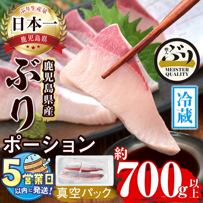 [すぐ届く!]鹿児島産冷蔵ぶり刺身用 皮無ポーション(計700g以上・背側、腹側計4P)ぶり ブリ 鰤 魚 海鮮 魚介 刺身 さしみ しゃぶしゃぶ 焼魚 煮魚 ポーション 皮無し 半身 国産 鹿児島県産 垂水市産 冷蔵 養殖 ぶり職人[アクアブルー