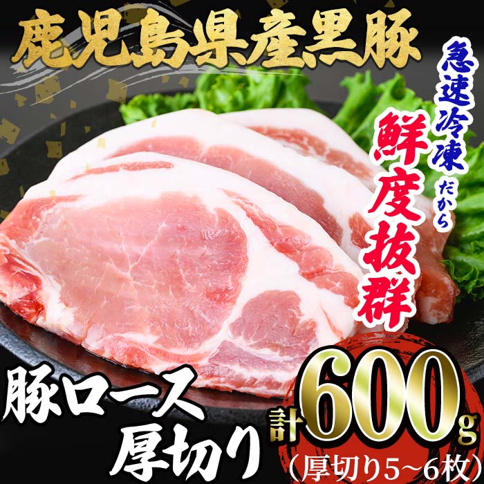 鹿児島県産黒豚 ロース厚切(5～6枚・計約600g) 黒豚 豚肉 豚 肉 ロース ステーキ 厚切り 焼肉 とんかつ トンカツ 国産 鹿児島産 小分け 冷凍 急速冷凍 真空パック【森商店】A1-30138