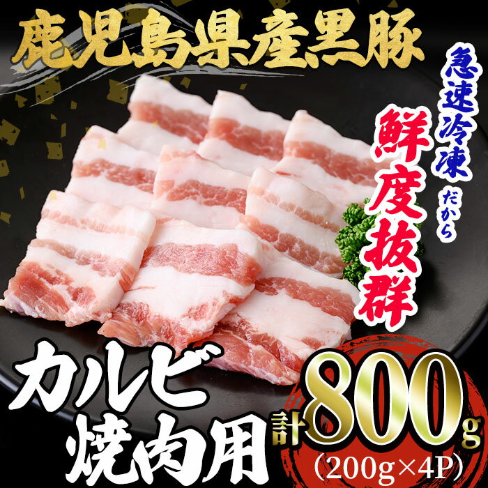 鹿児島県産 「黒豚」焼肉・BBQ用カルビ(計800g・200g×4P)黒豚 豚肉 豚 肉 カルビ バラ 豚バラ 焼肉 焼き肉 BBQ 小分け 真空パック 国産 鹿児島産 冷凍[森商店]A1-30139