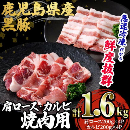 鹿児島県産 「黒豚」ミックス焼肉・BBQ用＜肩ロース・カルビ＞(計1.6kg・200g×8P)黒豚 豚肉 豚 肉 肩ロース ロース ロース肉 カルビ バラ 豚バラ 焼肉 BBQ 焼き肉 小分け 真空パック 国産 鹿児島産 冷凍【森商店】B2-3082