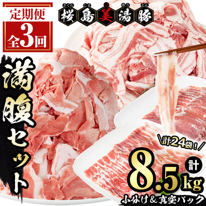【ふるさと納税】<2週間以内に1回目発送!>【定期便・全3回】小分け&真空パック!鹿児島県産桜島美湯豚 満腹セット<計8.5kg(計24袋)> 豚肉 豚 肉 定期便 小分け 真空 バラエティ 小間切れ こま切れ 切落し 豚バラ しゃぶしゃぶ 国産 冷凍【大隅ミート産業】F6-0401