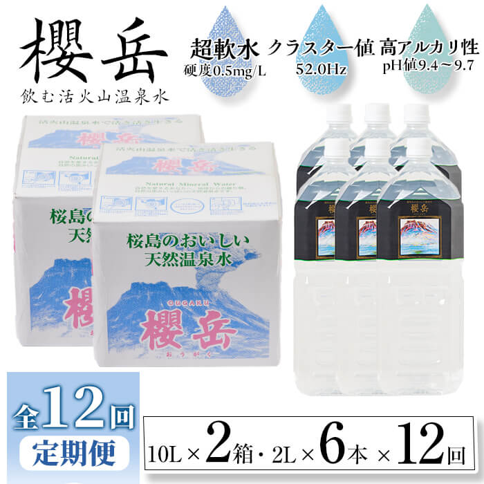 飲む活火山温泉水「櫻岳」(計384L・2L×6本、10L×2箱×12回)水 ミネラルウォーター 温泉水 天然水 飲む温泉水 飲料 2L ペットボトル BIB バックインボックス 定期便 頒布会 国産 鹿児島産 垂水市J14-1503