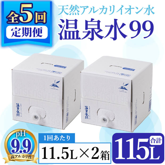 [定期便・全5回]飲む温泉水 温泉水99(計115L・11.5L×2箱×5回)水 ミネラルウォーター 温泉水 飲む温泉水 シリカ 飲料 BIB バックインボックス 定期便 頒布会 国産 鹿児島産 垂水市 温泉水99[エスオーシー]F6-0808